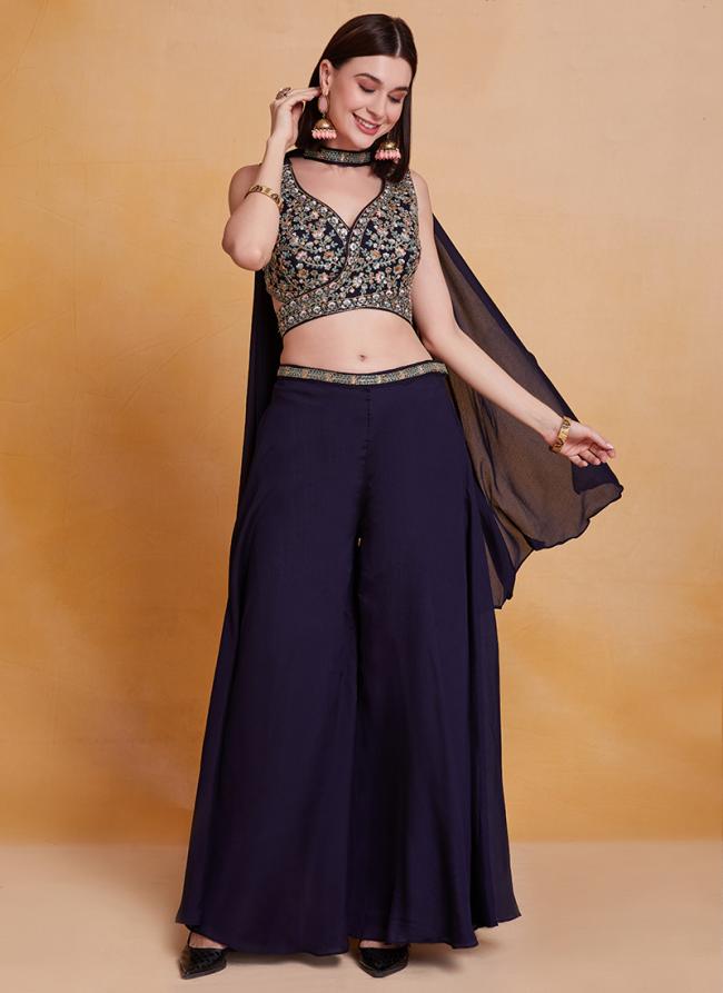 Real Chinnon Navy Blue Party Wear Embroidery Work Blouse Palazzo With Dupatta